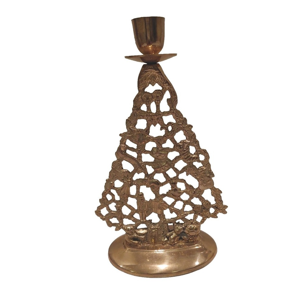 Vintage Heavy Brass Christmas Tree Taper Candle Holder 9.5" Holiday Decor